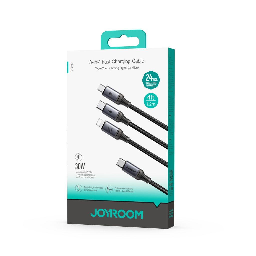 Joyroom 3-in-1 USB-C - Lightning, USB-C, Micro-USB, 100W, 1.2m - Musta