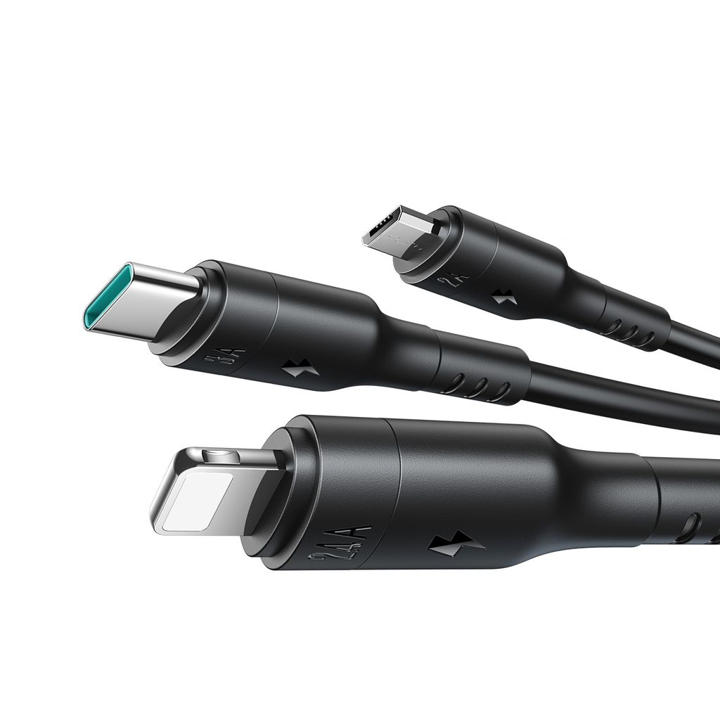 Joyroom S-A61 OmniGo-serien 3-i-1 USB-A-ladekabel USB-C/Lightning/Micro – svart