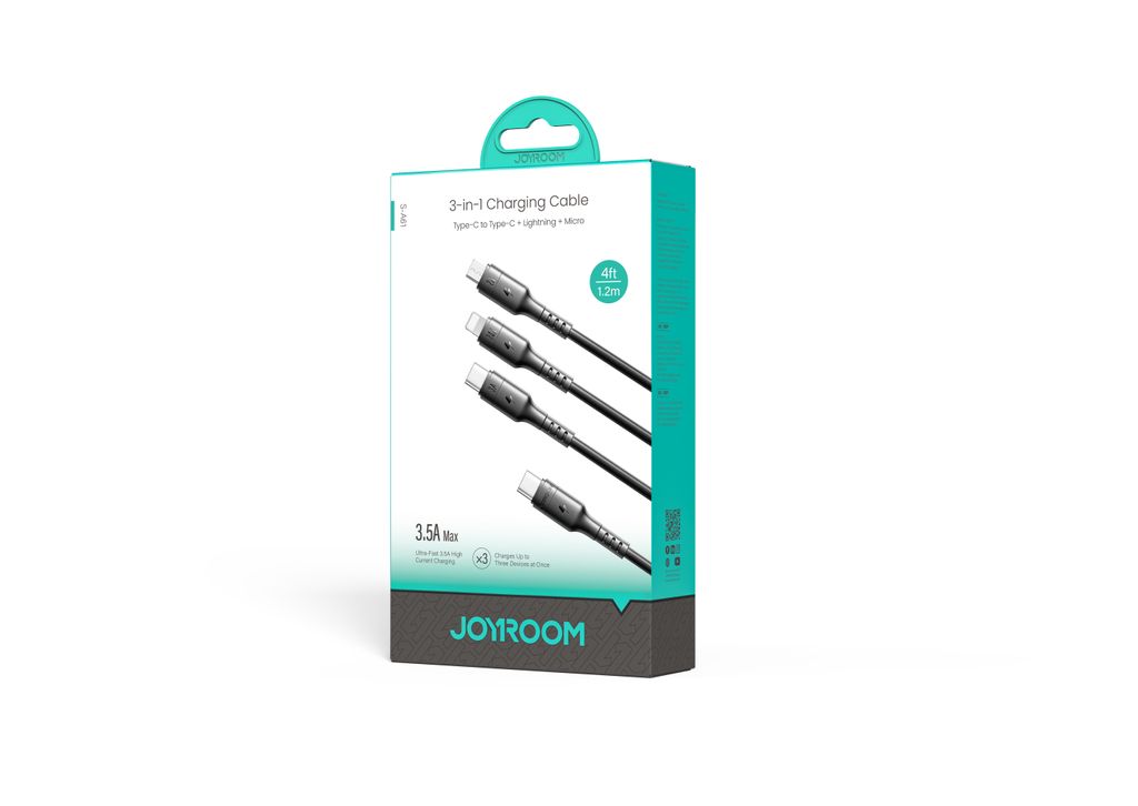 Joyroom S-A61 OmniGo-serien 3-i-1 USB-C-ladekabel USB-C/Lightning/Micro – svart