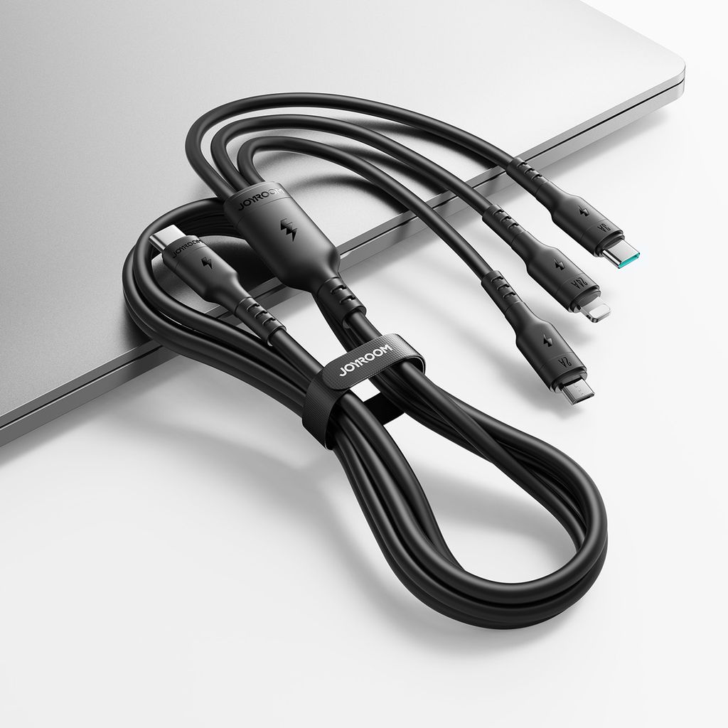 Joyroom S-A61 OmniGo-serien 3-i-1 USB-C-ladekabel USB-C/Lightning/Micro – svart