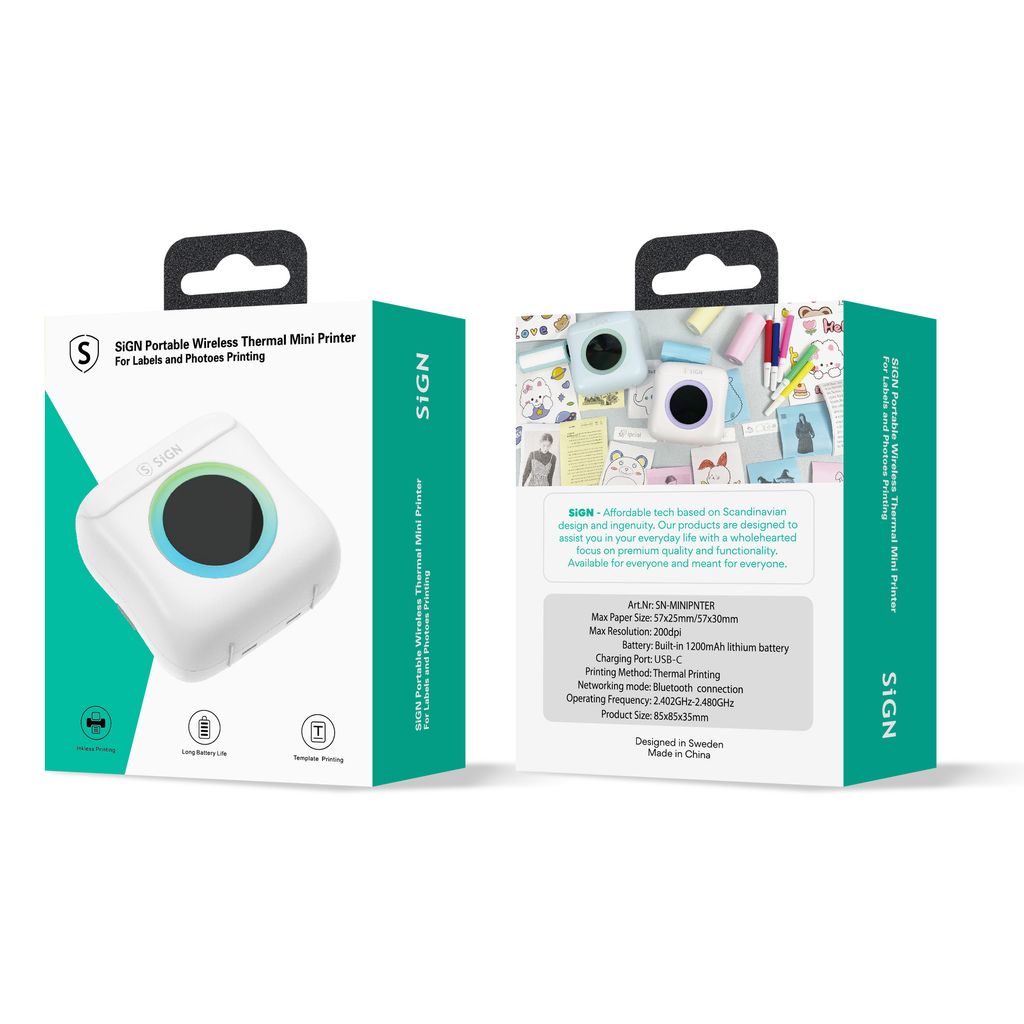 SiGN Mini tulostin Bluetooth 200 dpi tarratulostin rullalla - Valkoinen