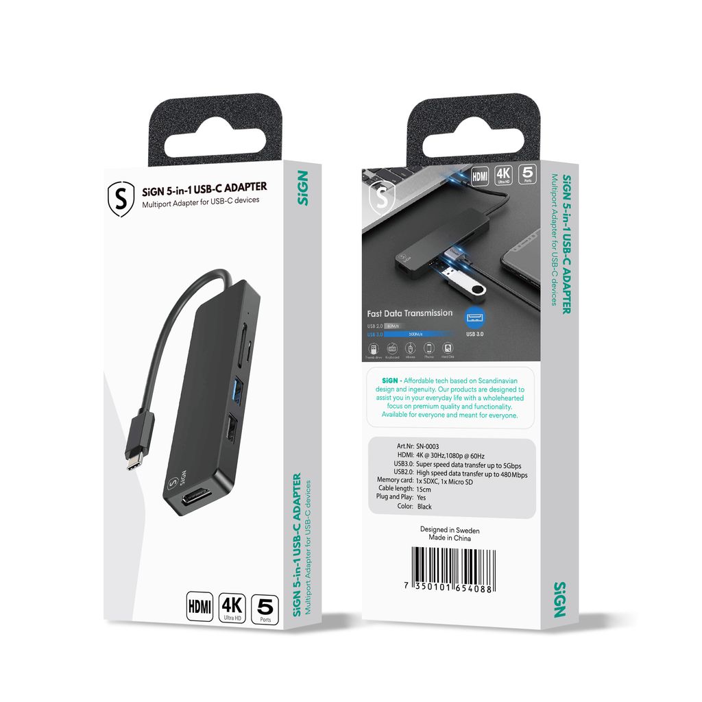 SiGN 5-i-1 USB-C-adapter HDMI 4K MicroSD, max 15W, 5V, 3A - Svart