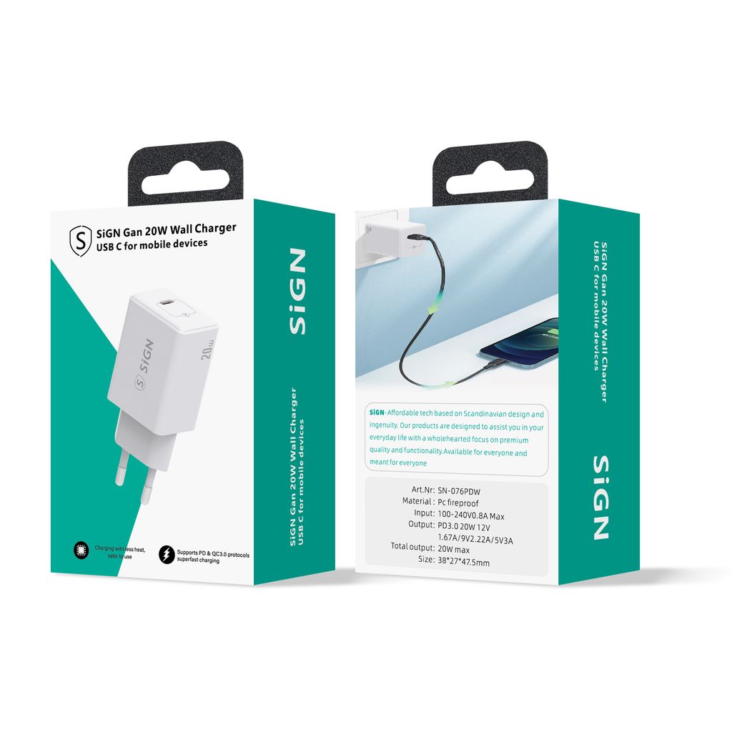 SiGN Vægoplader USB-C PD, 20W - Hvid