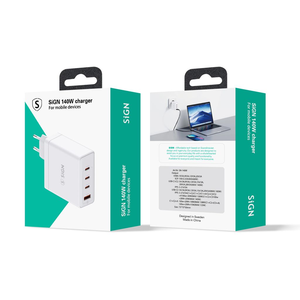 SiGN Snabb Laddare 140W 3x USB-C / 1x USB-A - Vit