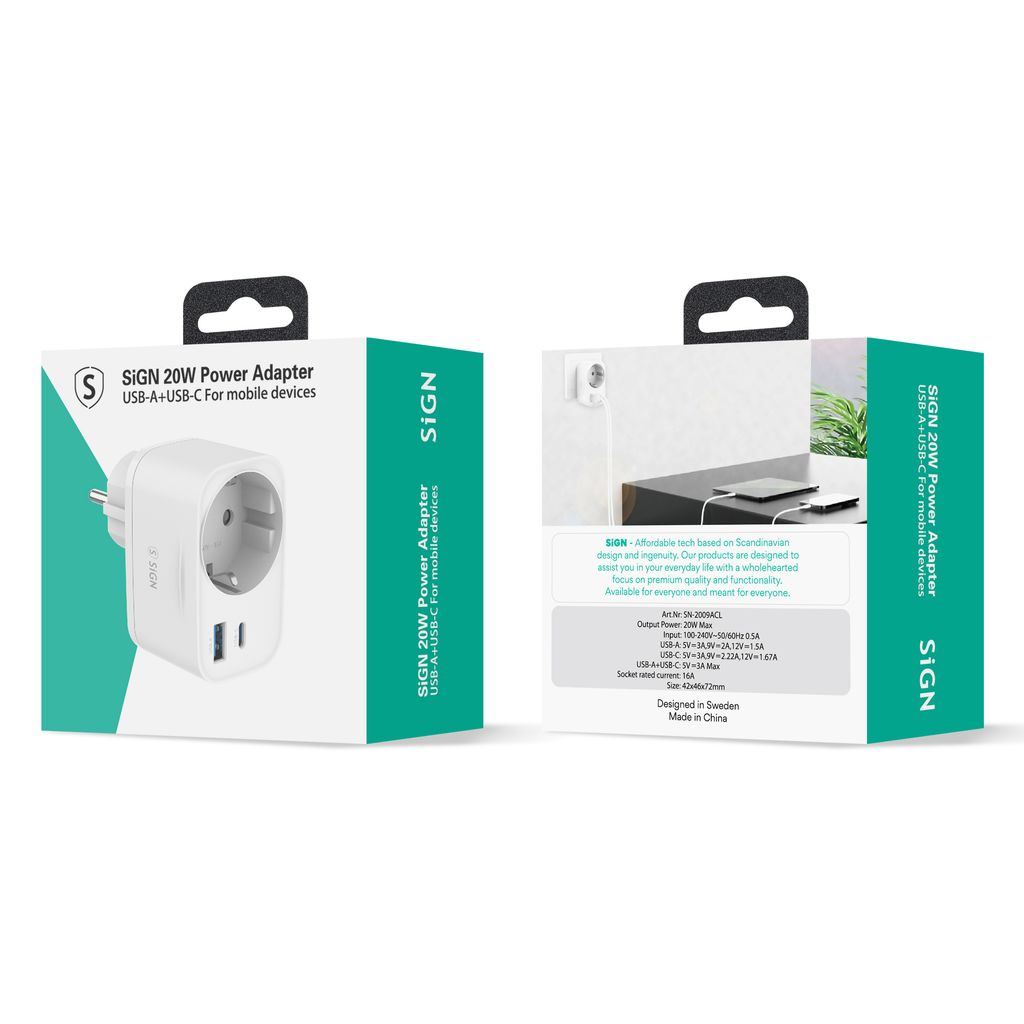 Väggadapter med eluttag och USB-portar 20W - Vit