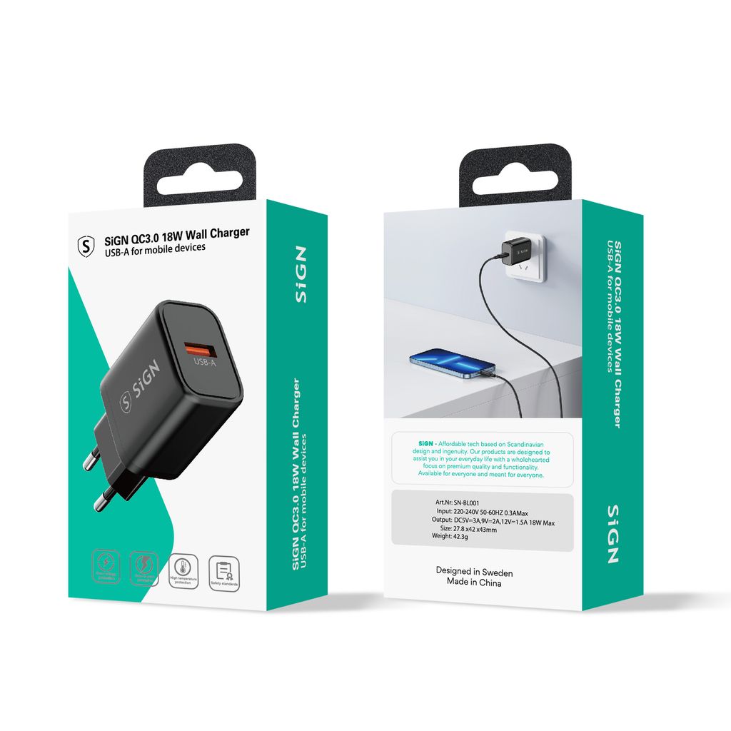 SiGN Snabbladdare USB-C/USB-A QC 3.0, 20W, 3A - Svart