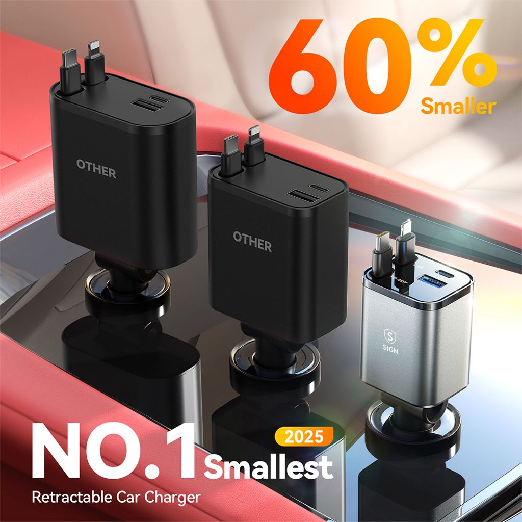 SiGN 4-i-1 billaddare 30W med utdragbara USB-C/Lightning-kablar – svart