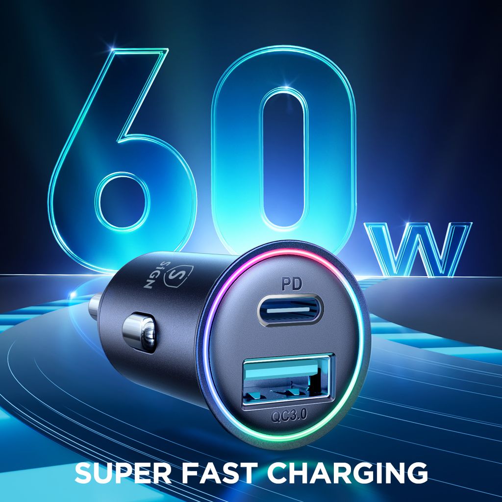 SiGN Mini Metal Billader 60W, med USB-C og USB-A