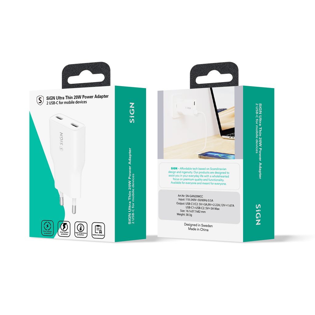 SiGN GaN Ultra Slim Hurtigoplader 2x USB-C, PD & QC3.0, 3A, 20W – Hvid