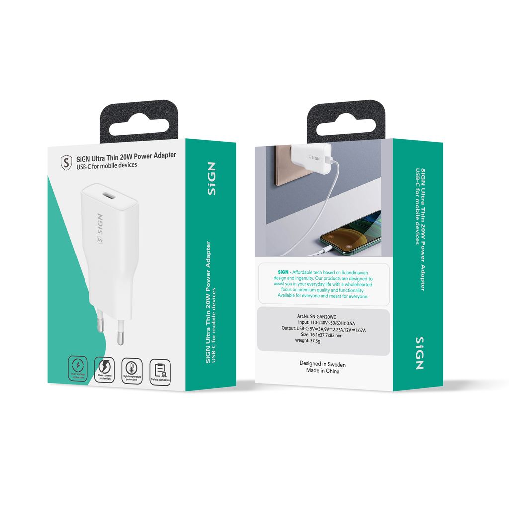 SiGN GaN Ultra Slim Hurtiglader USB-C PD & Q.C3.0 20W – Hvit