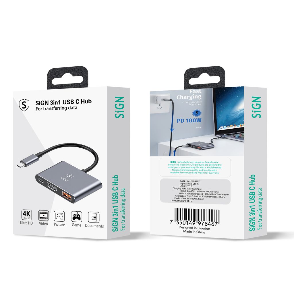 SiGN USB-C-hub til USB-A 3.0 / USB-C PD 100W / HDMI 4K@30Hz