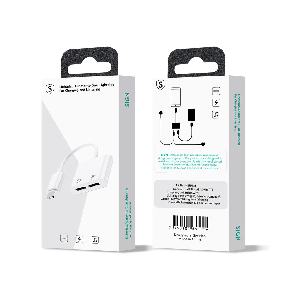 Sign Lightning til 2x Lightning Adapter, 5V, 2A, 10cm - Oplad og lyt - Hvid