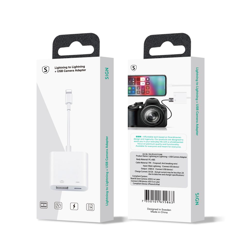SiGN Lightning & USB-kameraadapter 5V, 1A - Hvid