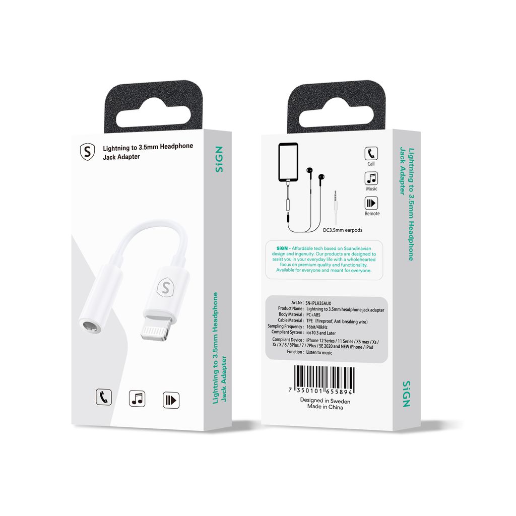 SiGN Lightning til 3,5 mm AUX-adapter – hvit