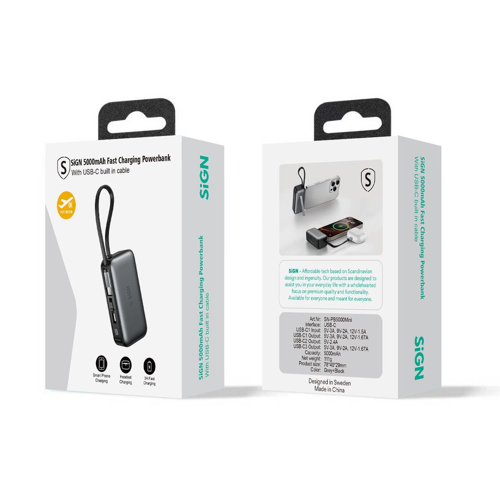 SiGN 5000mAh Powerbank Snabbladdning med Inbyggd USB-C-kabel