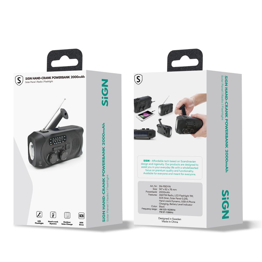 SiGN Crank radio med solceller, lommelykt og 2000mAh Powerbank