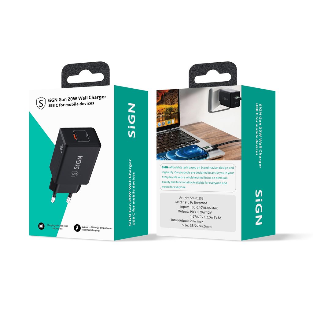 SiGN USB-C PD Laddare 20W - Svart