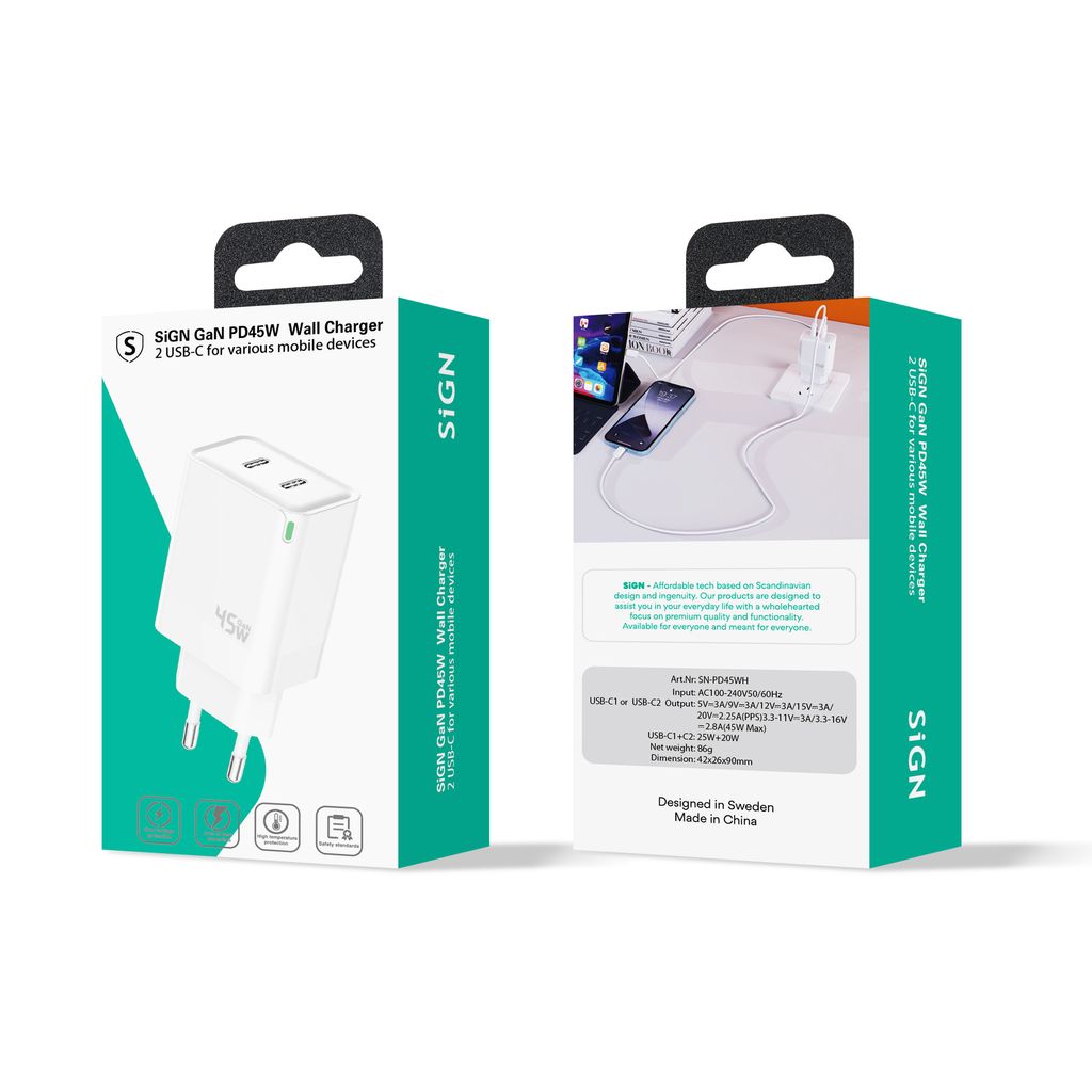 SiGN Dual USB-C PD Laddare 45W till laptop och smartphones - Vit