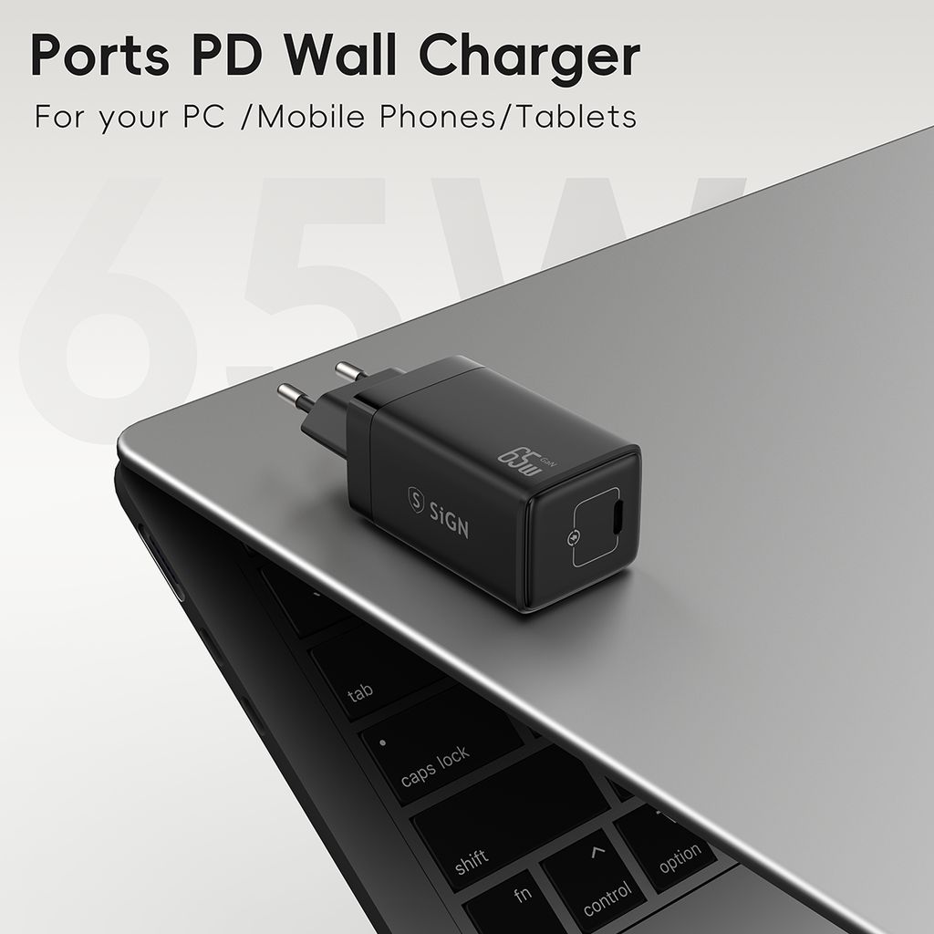 SiGN 65W lader, USB-C PD, hurtiglading, MacBook Air, iPhone etc. - Svart