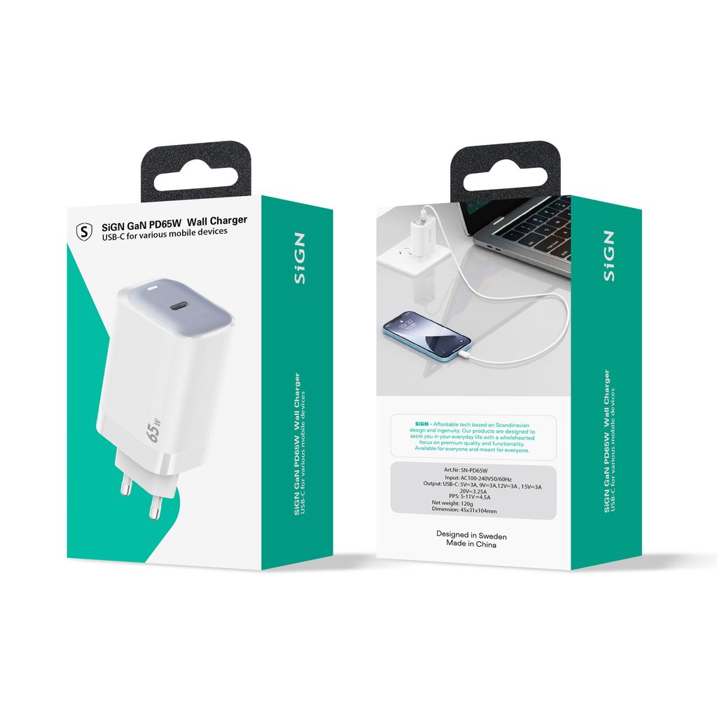 SiGN 65W Laddare, USB-C PD, Snabbladdning, MacBook Air, iPhone m.fl. - Vit