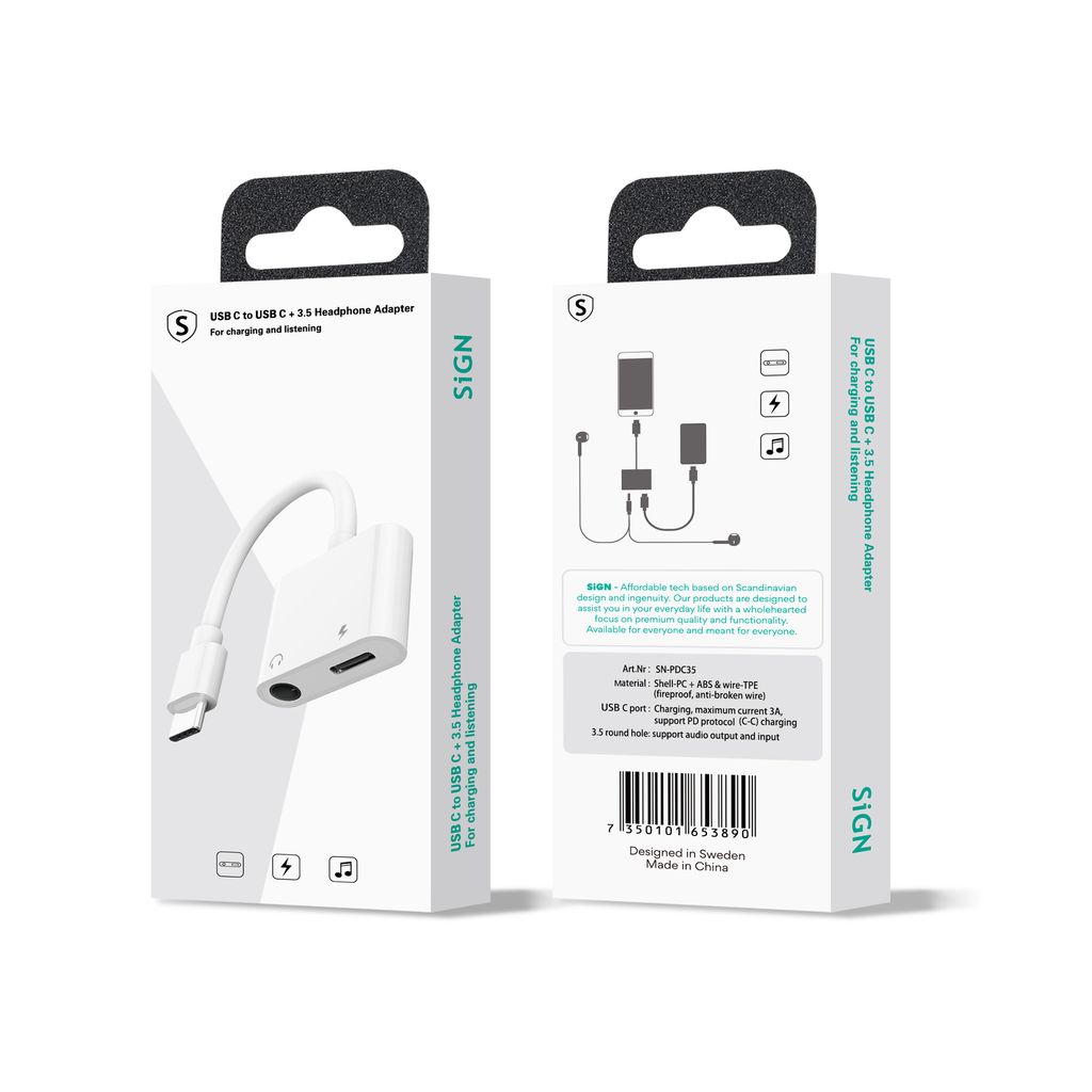 SigN USB-C til 3,5 mm AUX-adapter, 3A - Oplad og lyt - Hvid