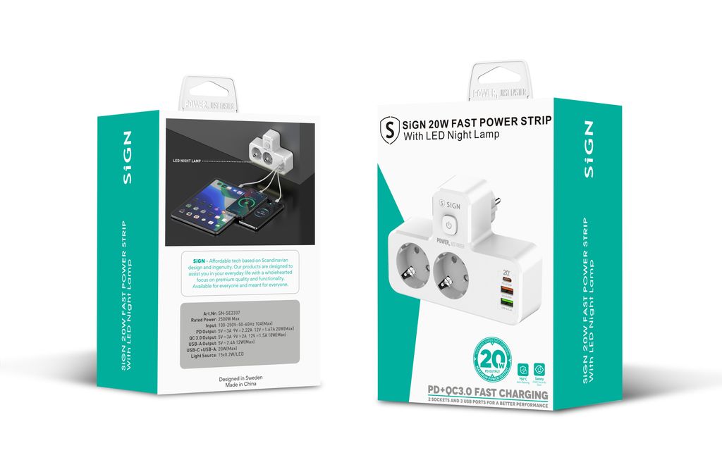 SiGN 20W Grenuttag med LED-nattlampa, 2-vägs/2 xUSB-A/1x USB-C - Vit
