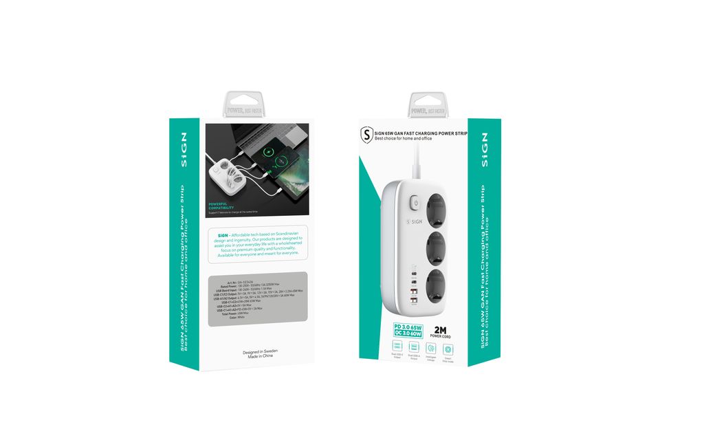 SiGN 65W GaN snabbladdning grenuttag 3-vägs/2x USB-A/2x USB-C, 2m - Vit