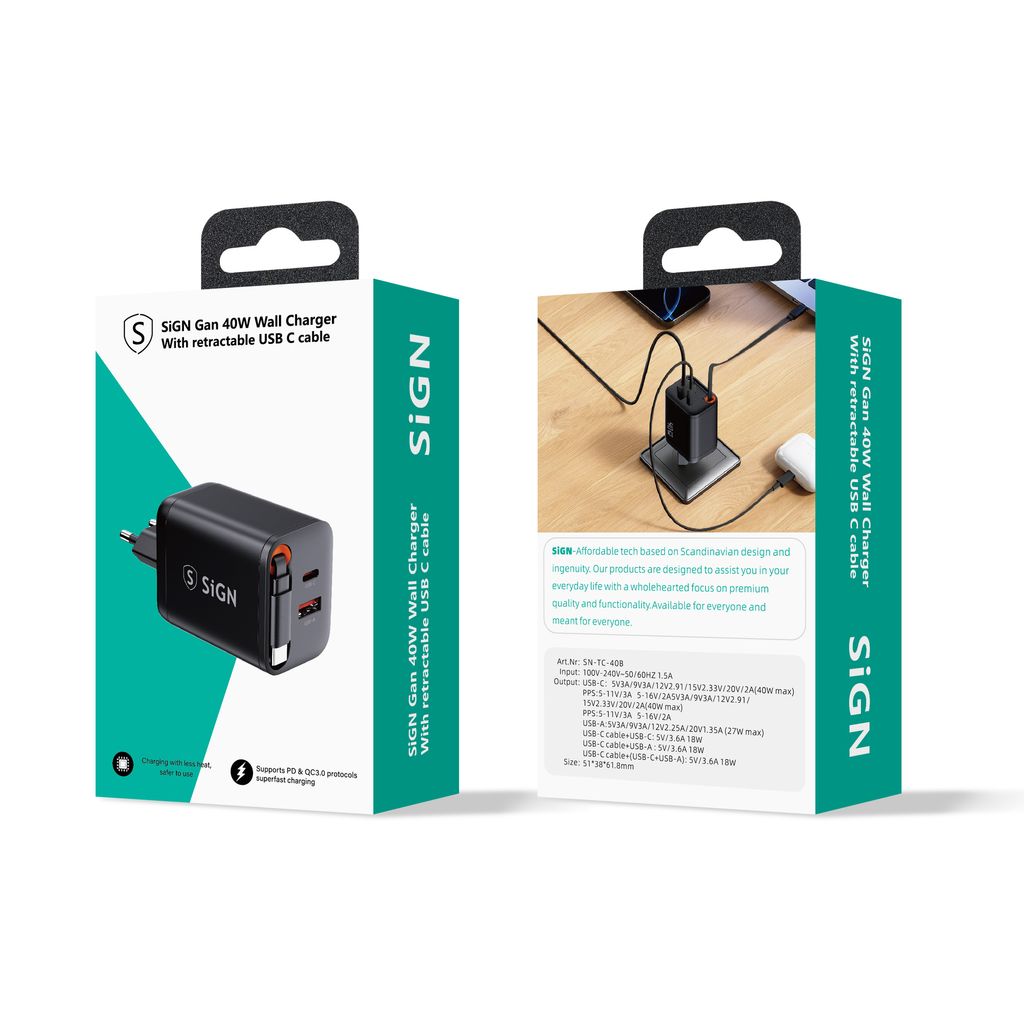 SiGN GaN Snabbladdare USB-C/USB-A 40W med utdragbar USB-C kabel  - Svart