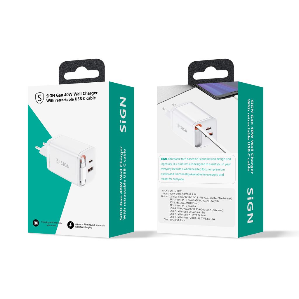 SiGN GaN Snabbladdare USB-C/USB-A 40W med utdragbar USB-C kabel  - Vit