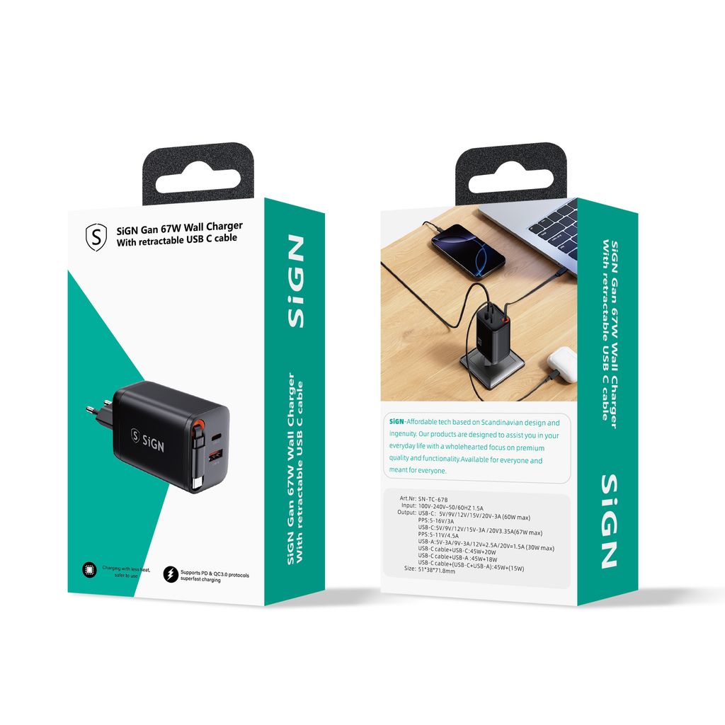 SiGN GaN Snabbladdare USB-C/USB-A 65W med utdragbar USB-C kabel  - Svart