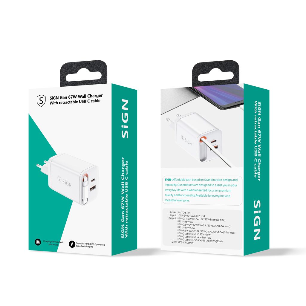 SiGN GaN Snabbladdare USB-C/USB-A 65W med utdragbar USB-C kabel  - Vit