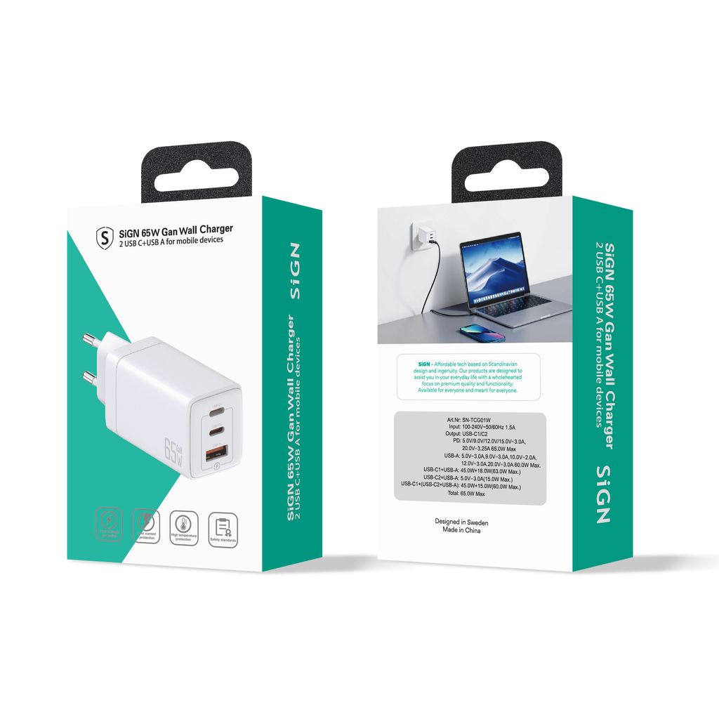 SiGN GaN Ultra 65W 2xUSB-C & 1xUSB-A Snabbladdare - Vit