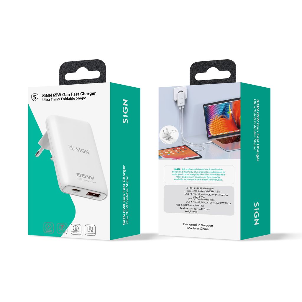 SiGN GaN Ultra Slim Laddare Vikbar  65W - Vit