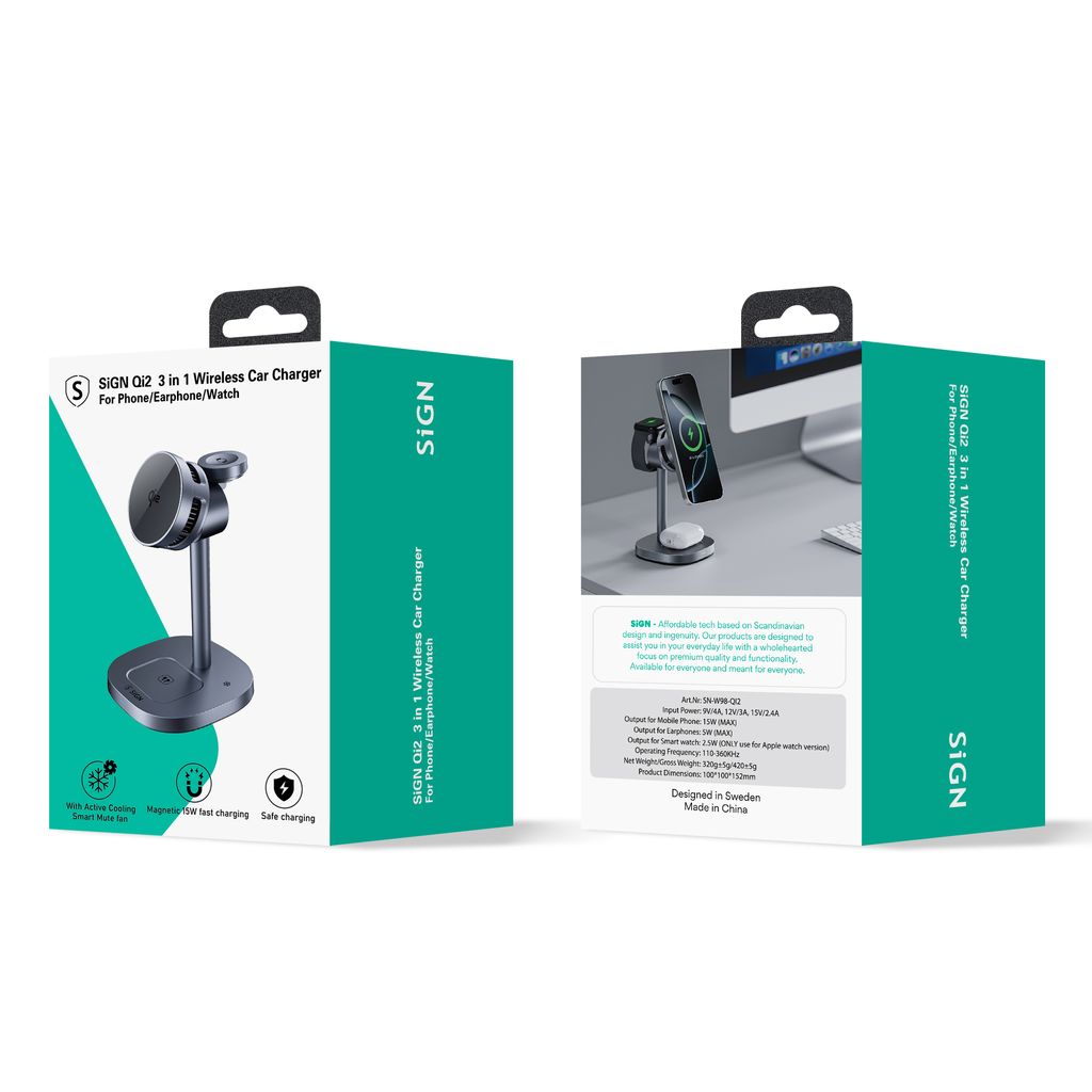 SiGN magnetisk 3-i-1 trådløs hurtigladestasjon med aktiv kjøling