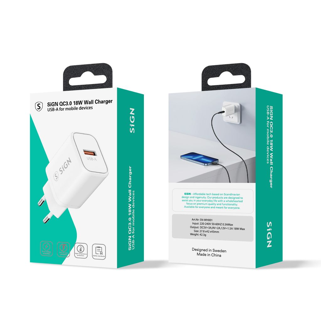 SiGN Snabbladdare USB-A QC 3.0, 18W, 3A - Vit
