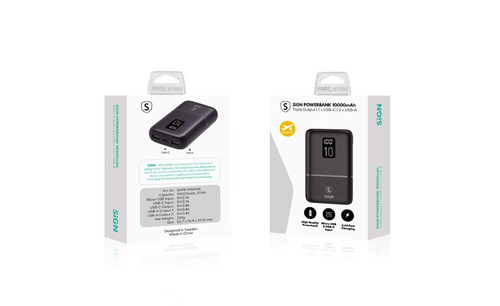 SiGN Mini QC Powerbank med skjerm 10 000 mAh - Svart