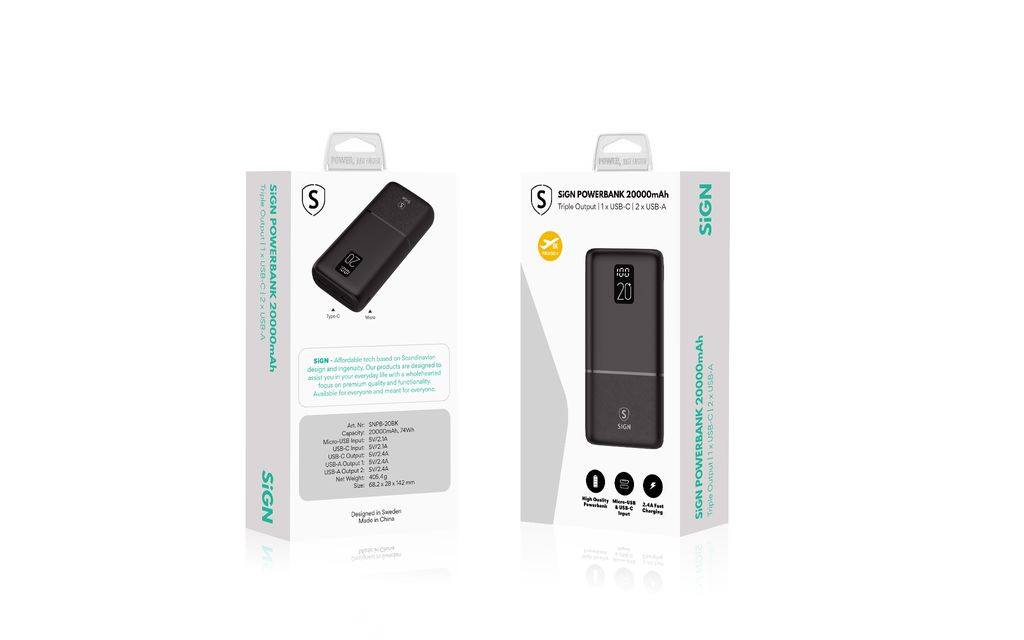 SiGN Ekstremt Kraftig QC Powerbank 20000mAh, 2.1A - Sort