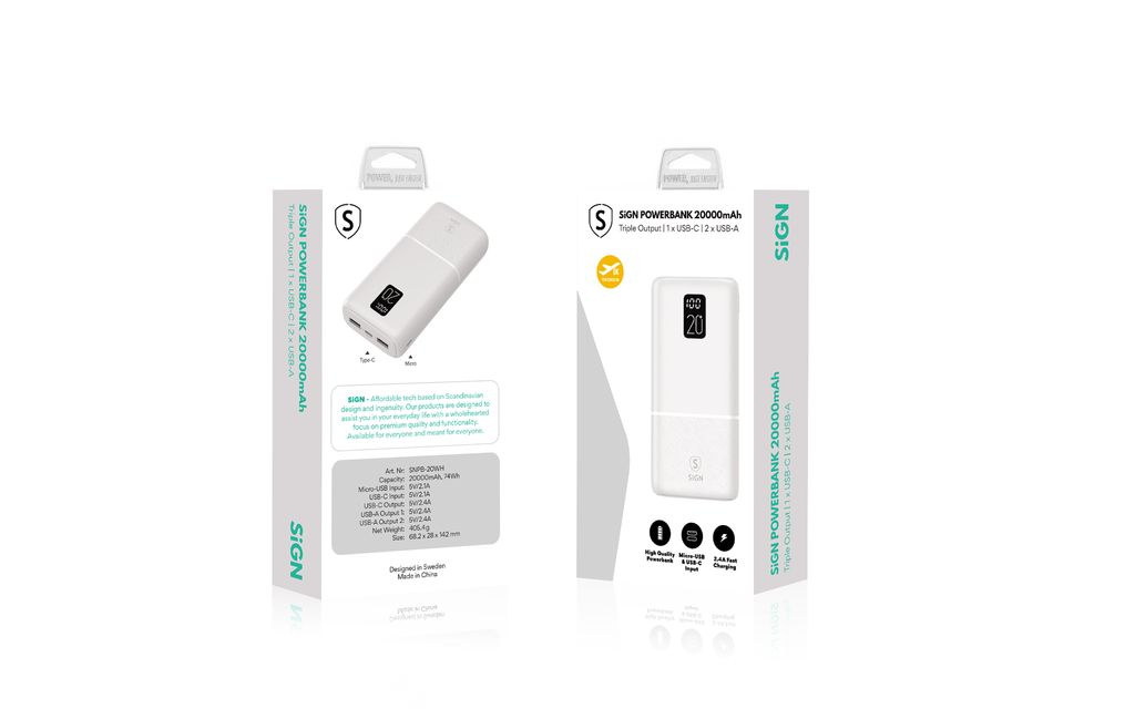 SiGN Erittäin tehokas QC Powerbank 20000mAh, 2.1A - valkoinen