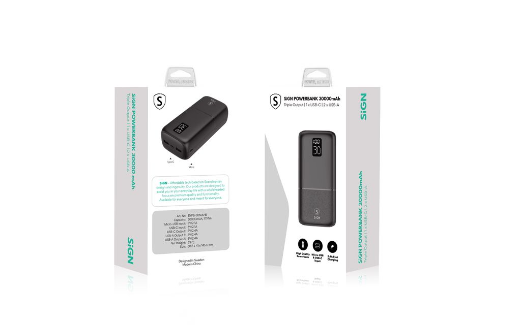 SiGN Powerbank 30 000 mAh USB-C och USB-A