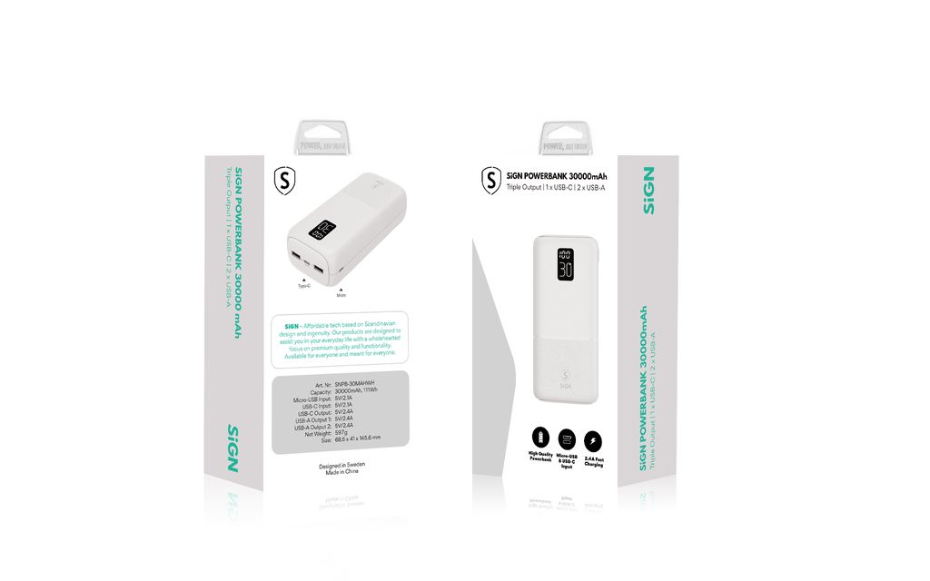 SiGN Powerbank 30.000mAh USB-C & USB-A - Hvid