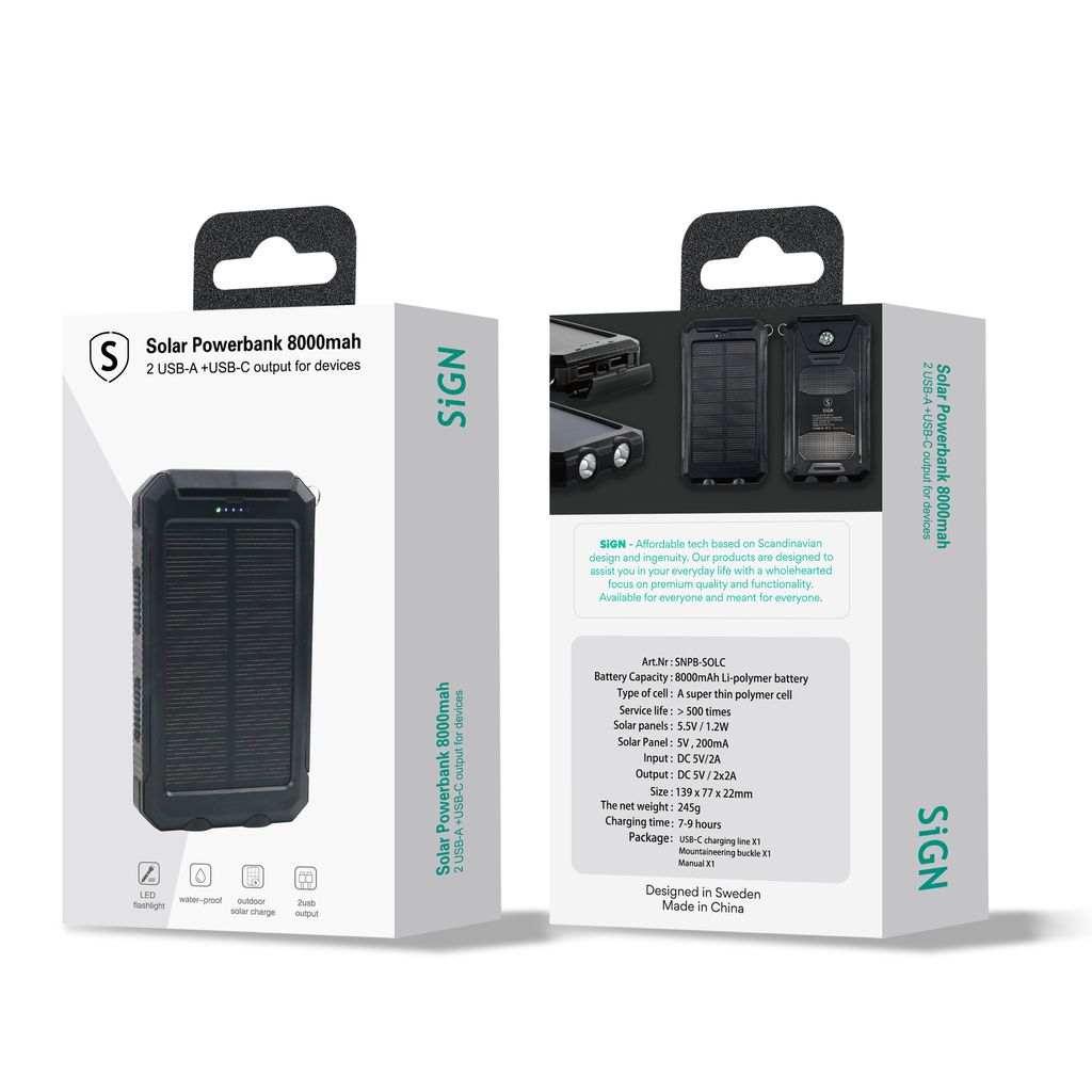 SiGN Powerbank med Solceller, 8000mAh - Svart