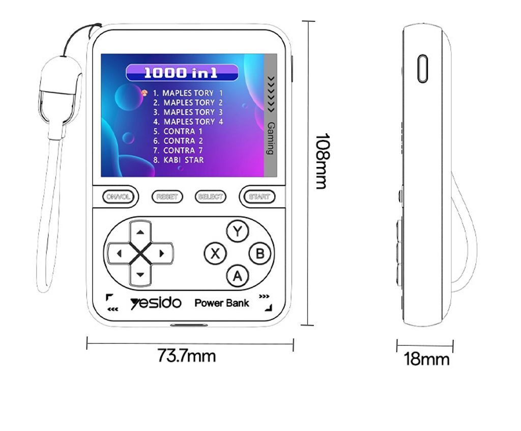 Yesido bærbar retro spillkonsoll powerbank 10000mAh 20W + Lightning-kabel
