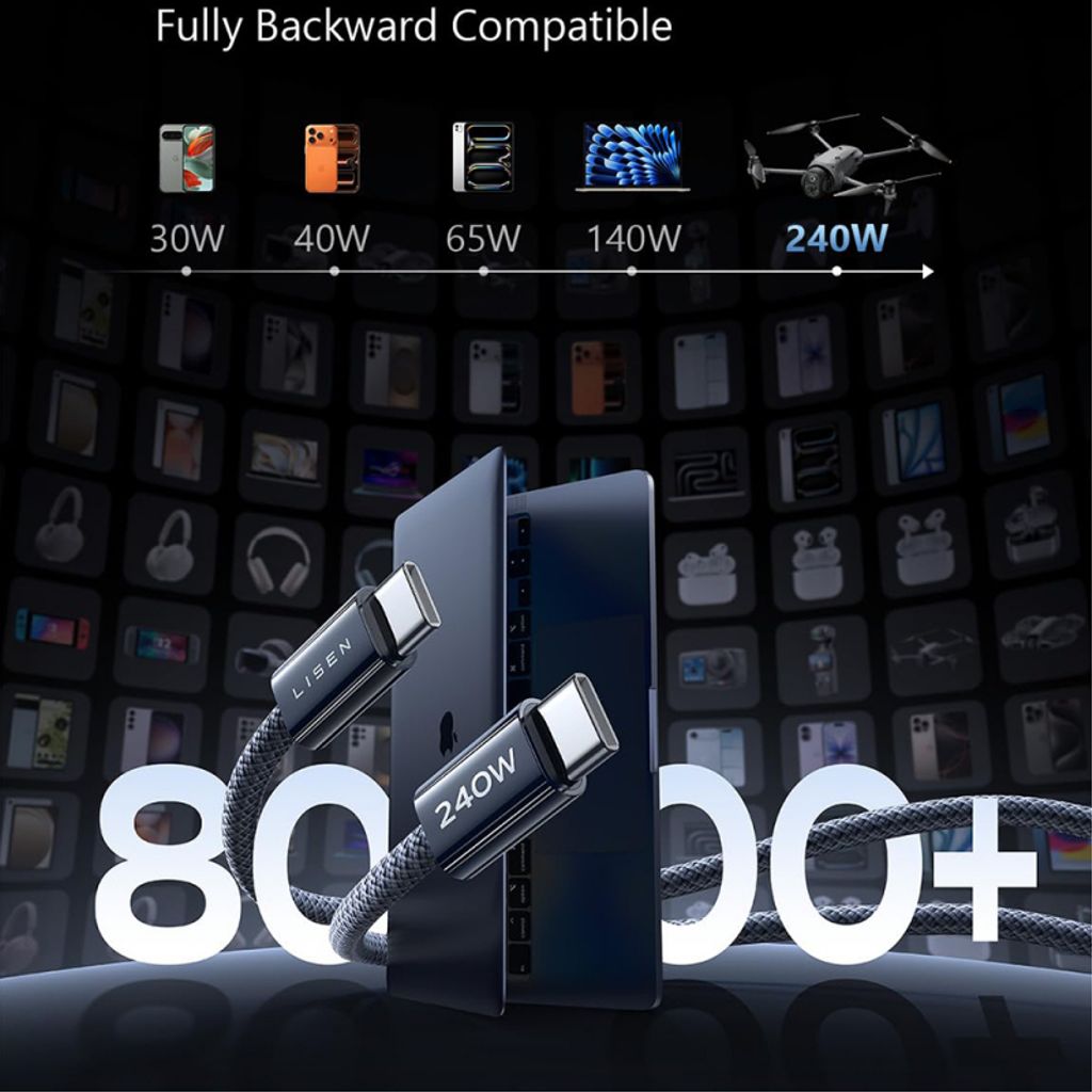 Lisen USB-C till USB-C-kabel 240W, 2m, 2-pack – Mörkblå