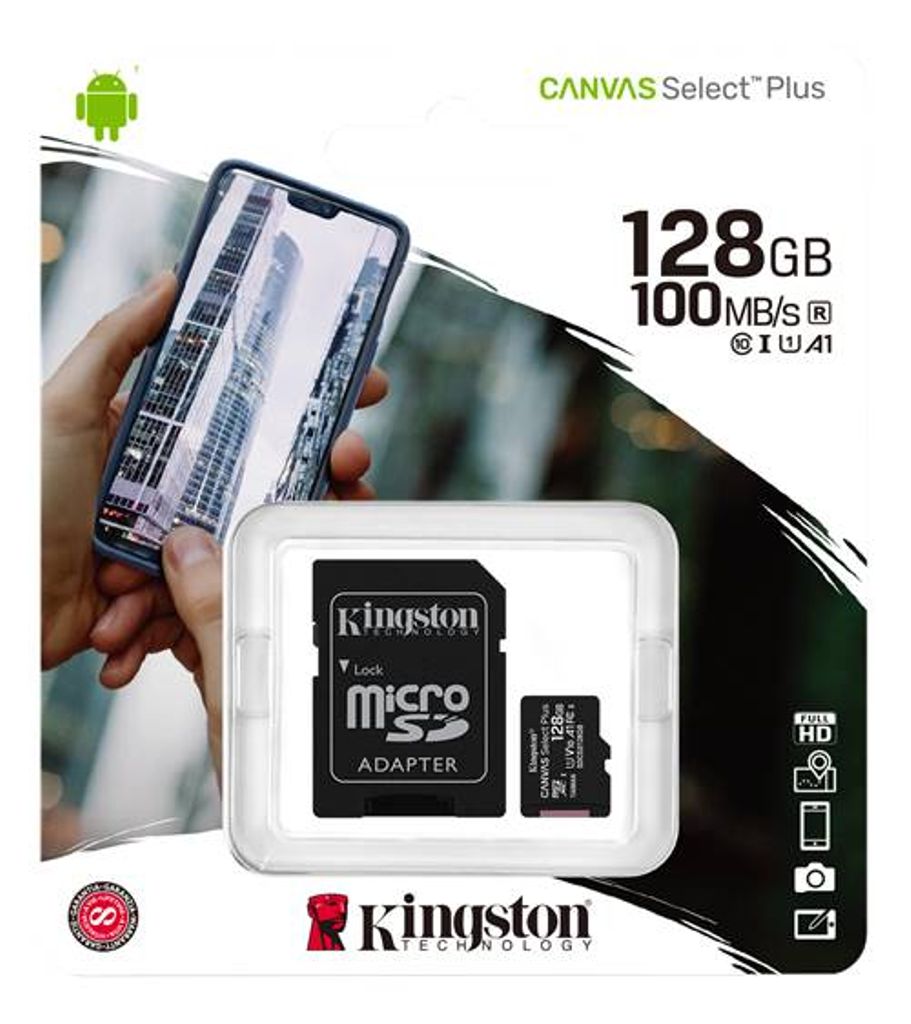 128 GB Kingston Canvas Select Plus MicroSDXC  Class 10 (MicroSDXC med Micro SD adapter)
