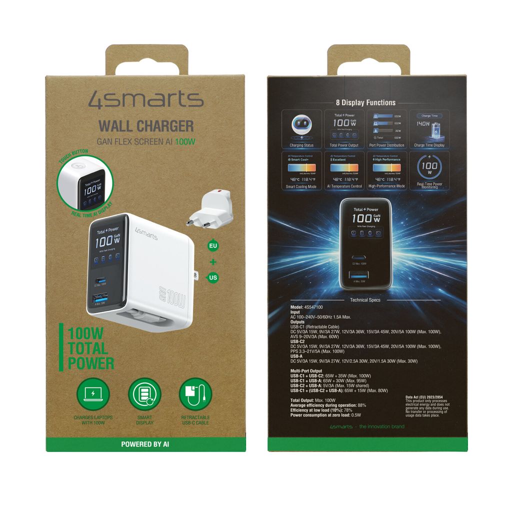 4Smarts GaN Flex 100W matkasovitin/laturi EU/USA - USB-C/USB-A + USB-C-kaapeli
