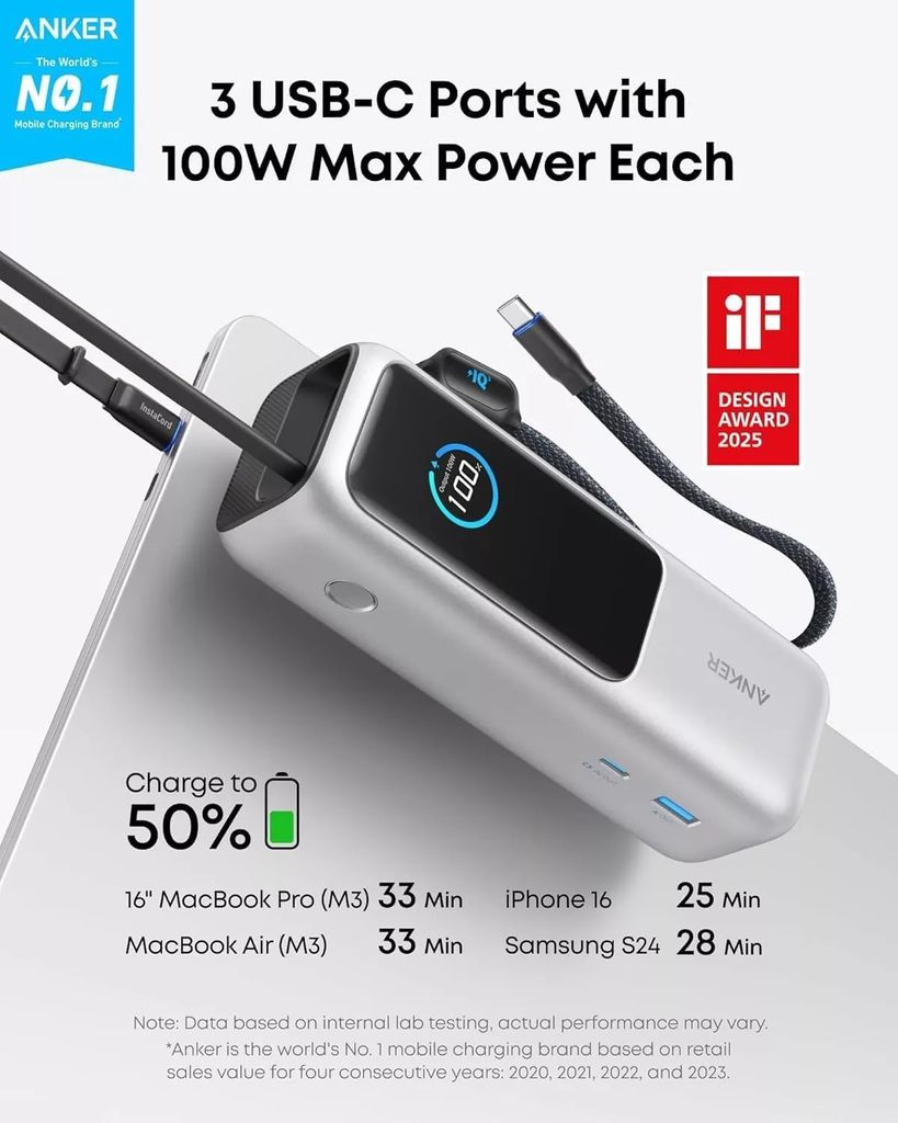 Anker 25.000 mAh Powerbank 165W - Sølv