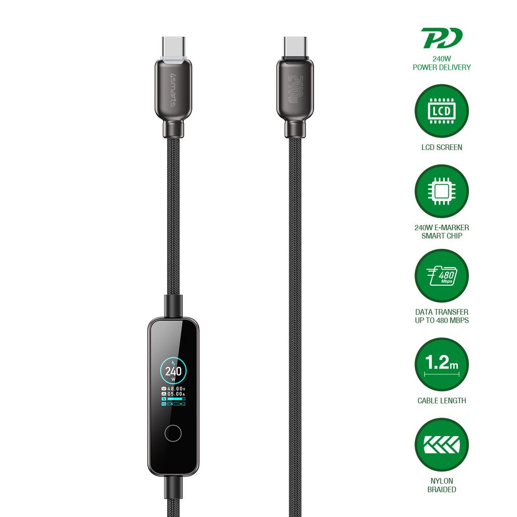 4Smarts ScreenCord USB-C ladekabel 240W, 1,2m - svart