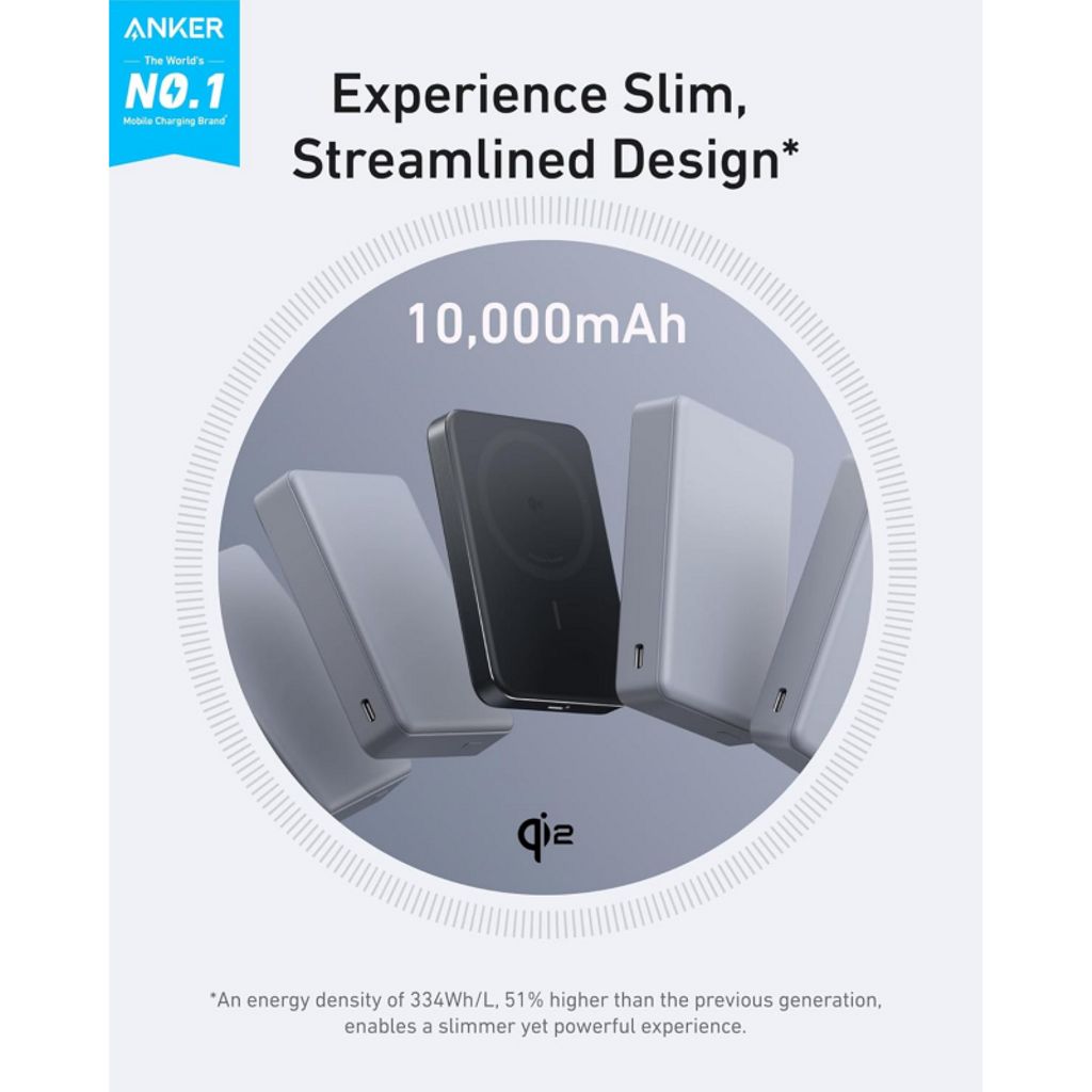 Anker MagGo Slim 10000 mAh Magnetisk Powerbank - 30W, Sort