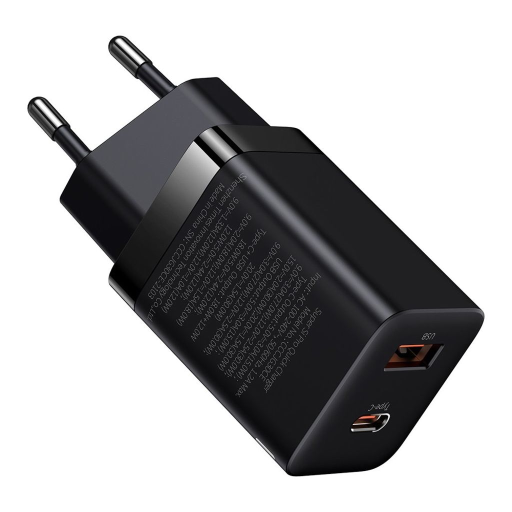 Baseus Super Si Pro hurtigoplader USB & USB-C 30W sort