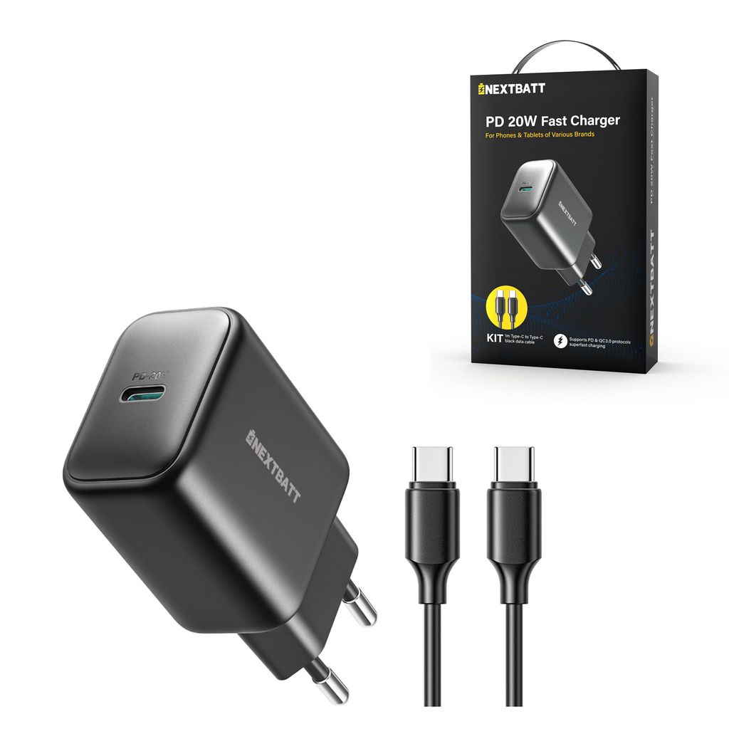 NEXTBATT 20W snabbladdare PD + 60W USB-C-kabel, 1m - Svart